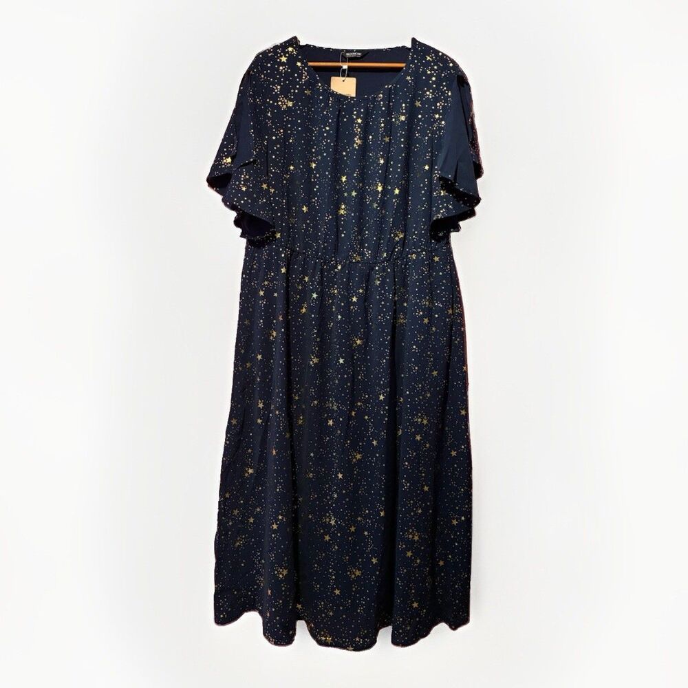 BloomChic Dress 2X 18-20 Navy Gold Star Celestial Flutter Sleeve Midi NWT